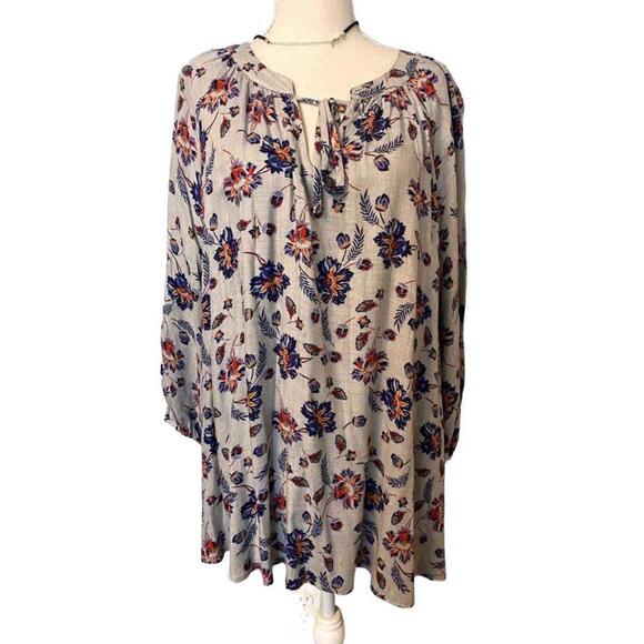 como vintage Tops - Como Vintage Floral Print Boho Tunic Dress with Tie Neck